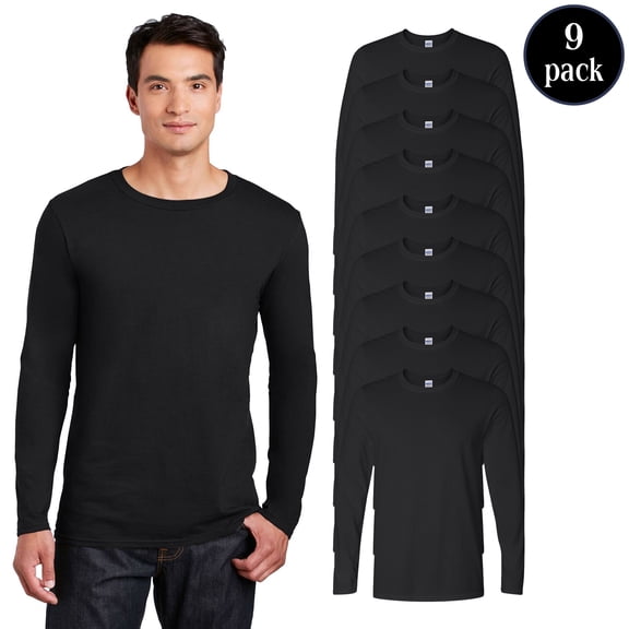 Gildan Men’s Softstyle Long Sleeve T-Shirt, 9-Pack Black Color, Soft Smooth Casual Tee, S