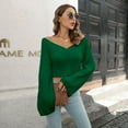 thumbnail image 4 of Defitshape Women's Crop Top Knit Sweater Sweater Soft Waffle Knit Pullover Fashion Casual Sexy Off the Shoulder Bell Sleeve Cropped Top Green Medium, 4 of 4