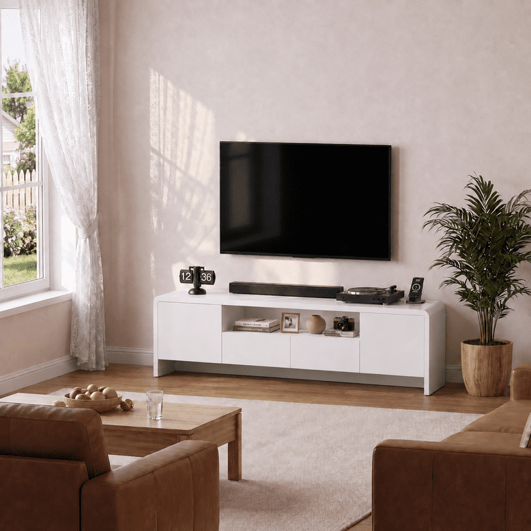 Lacoo 70 Inch TV Stand for 55-75 Inch TVs, Entertainment Center with 2 Drawers and Storage Cabinets, Media Console for Living Room , Black