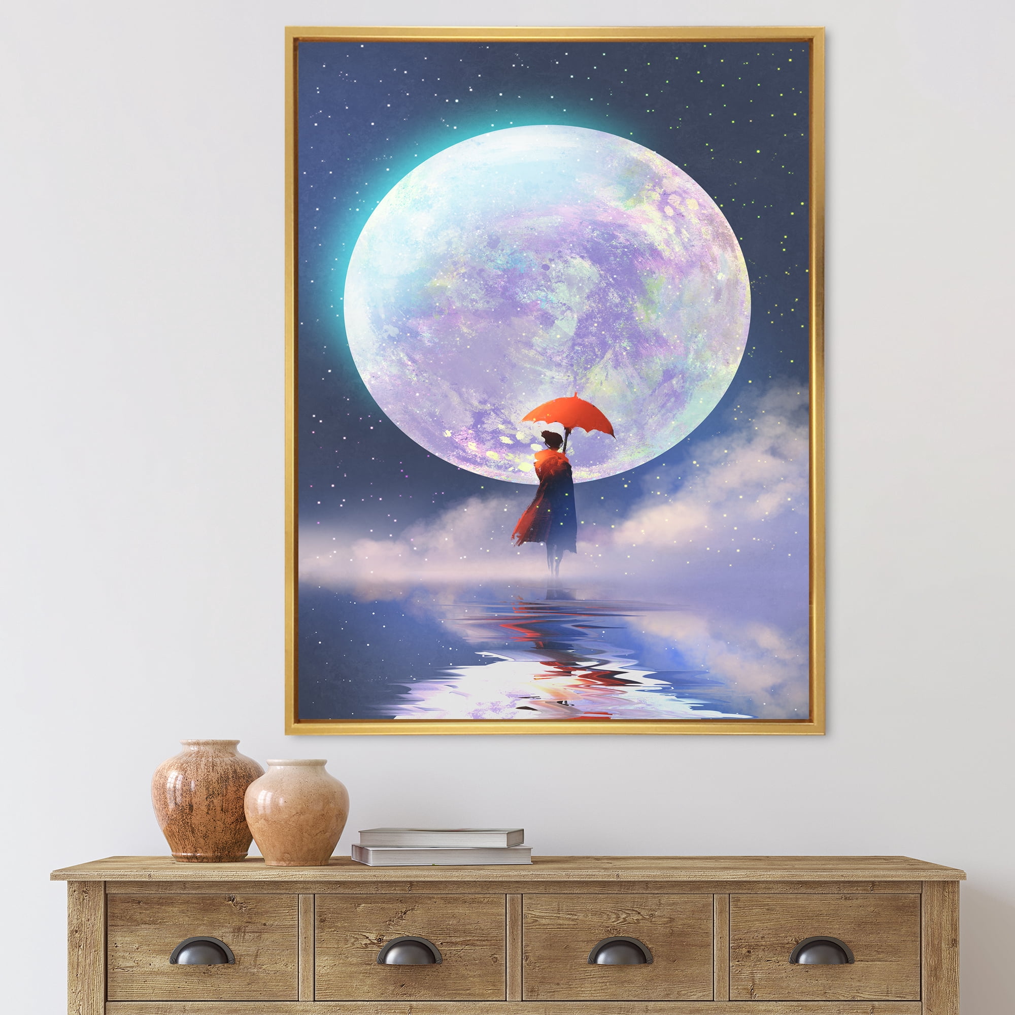 Designart 'Girl With Umbrella Standing On Water Against Moon' Traditional Framed Canvas Wall Art Print
