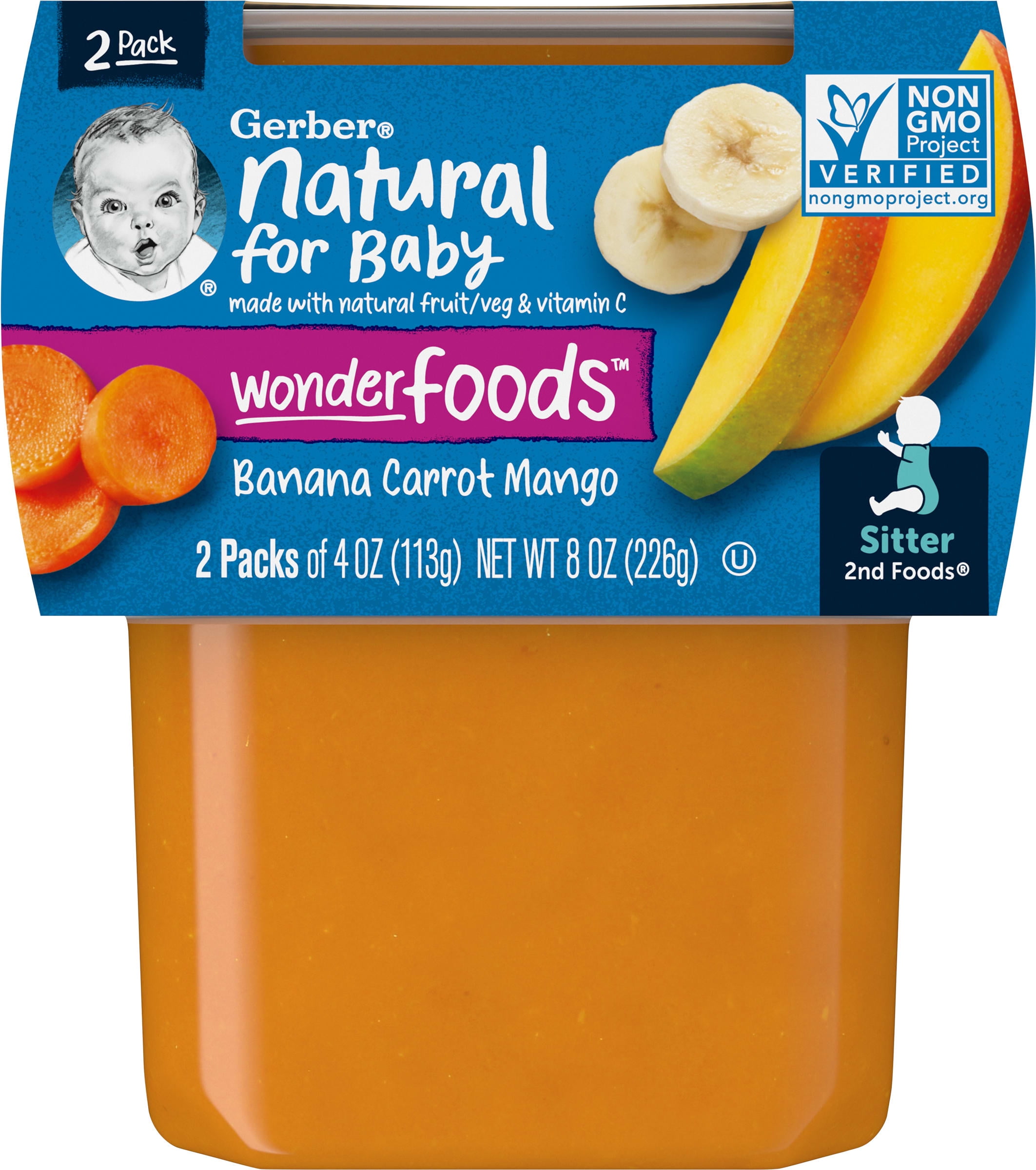 Gerber 2nd Foods Natural for Baby WonderFoods Baby Food, Banana Carrot Mango, 4 oz Tubs (2 Pack)
