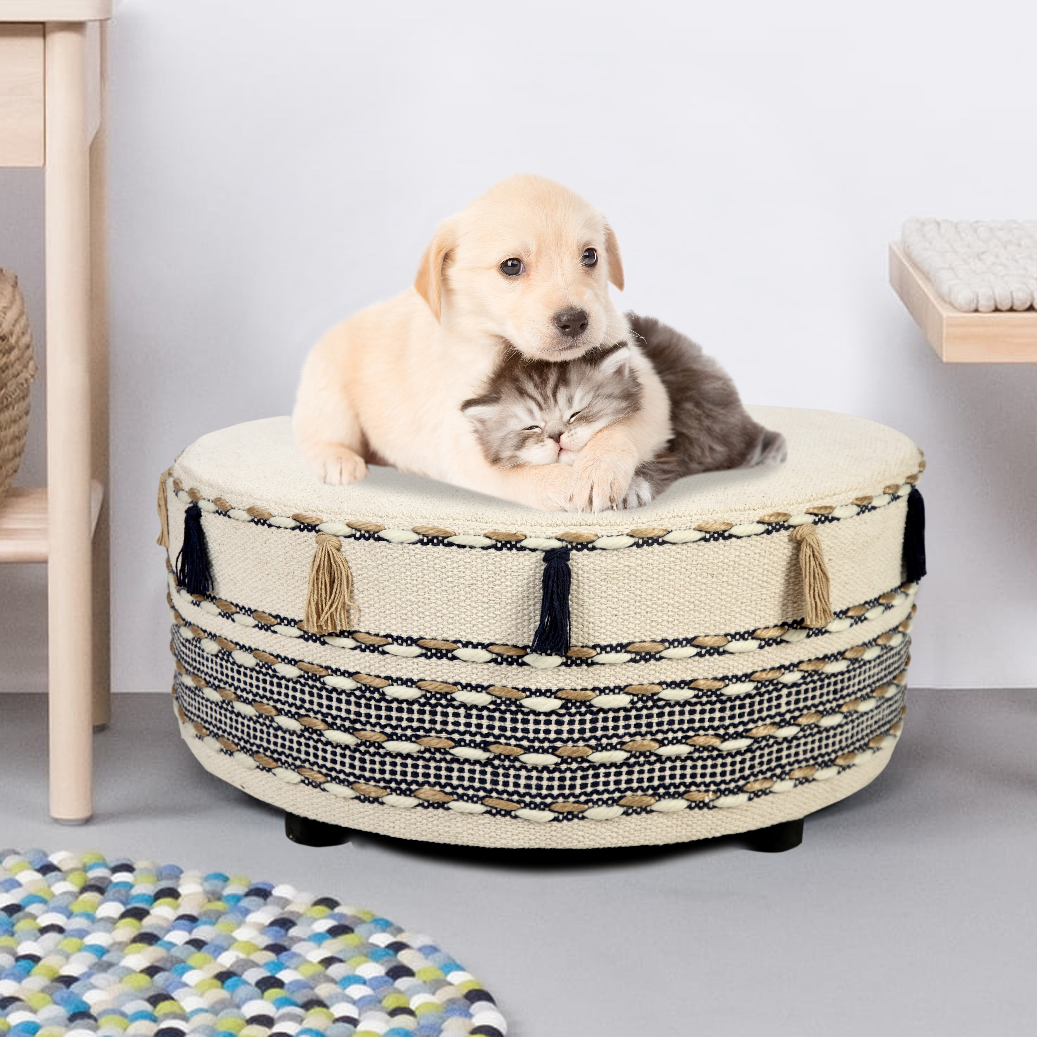 Ox Bay Handmade Striped Organic Cotton Ottoman, Blue/ Cream