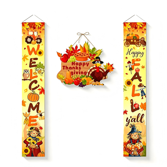 3Pcs Fall Door Decorations, Including Welcome Fall Y'all Hanging Banner and Happy Thanksgiving Sign for Autumn Porch Decor