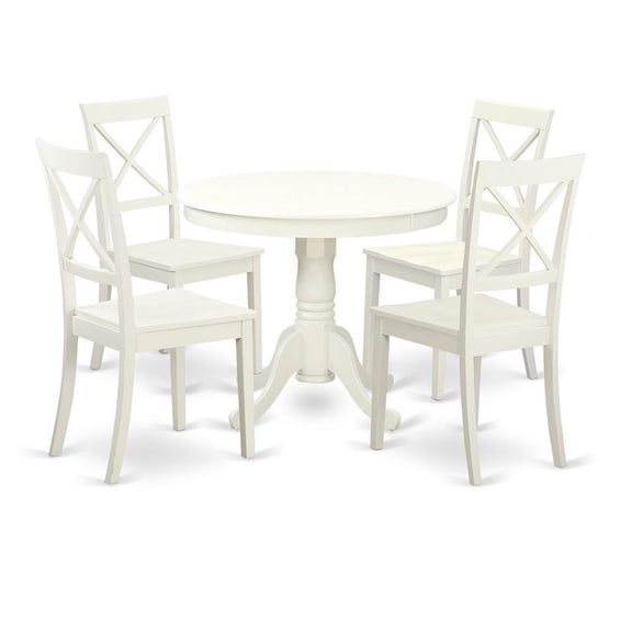 FurniFact 5-Piece Dining Set, Pedestal Table, 4 Wood Chairs, Linen White Finish, Classic
