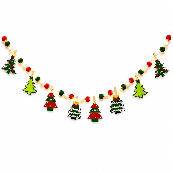 Homellea Lighted Christmas Garland with Christmas Tree and Gingerbread Shapes, Pom Pom Beads and Lights, Hanging Banner for Tree, Mantel, Window and Holiday Party Decor, 118.11 Inch