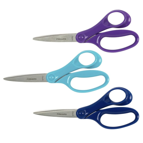 Fiskars 7-Inch Stainless Steel Pointed Scissors, 3-Pack, Purple, Blue & Turquoise, 3 Count