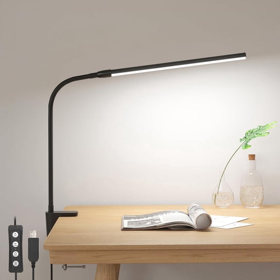 Clip on Desk Lamp LED Reading light Dimmable USB Small Clamp Lamp with 3 Color Modes 10 Brightness, Adjustable Flexible Gooseneck Table Light for Bed Headboard, Nail, Home Office,Computer(Black)