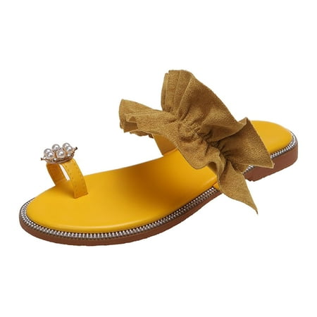 

TUOBARR Flip Flops for Women Pearl Toe Flat Bottomed Women s Shoes With Ruffled Edges And Casual Slippers Yellow