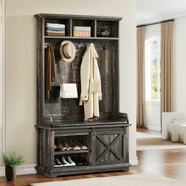 Dextrus 3-in-1 Farmhouse 14 Hooks Hall Tree with Storage Bench & Coat Rack, Shoe Cabinet, Rustic Oak