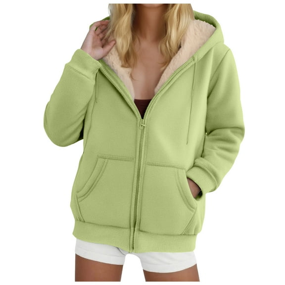 felwors Women's Fleece Lined Full-Zip Hooded Jacket with Pockets - Warm Casual Outwear for Daily Wear Light Green, S