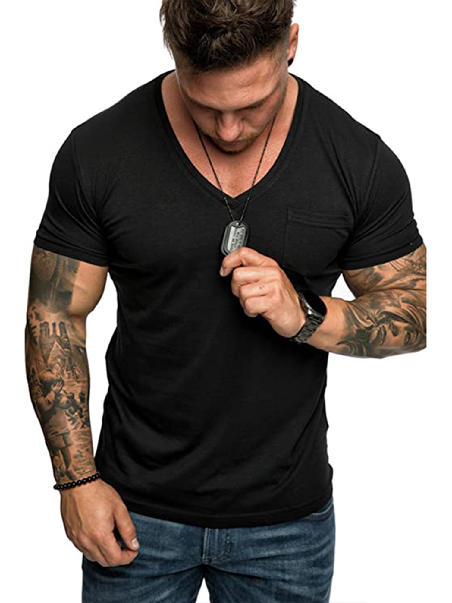 COOFANDY Men's Muscle V Neck T Shirt Gym Athletic Long Sleeves Tee Top Black/Khaki 