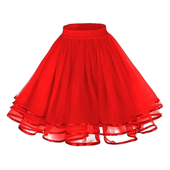 XIAOCHA Women's Solid Color Tulle Petticoat Fluffy Layered Ruffle Skirt Retro Party Prom Skirts Red