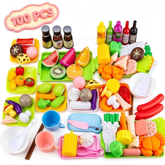 Qocolcyl 100 Pcs Hot Pot Pretend Play Toys,Toddler Kids Simulation Seafood Fruit Veggie Food Playset, Preschool Educational Learning Toy,Imaginative Kitchen Role Play Accessory for Boys Girls Ages 3