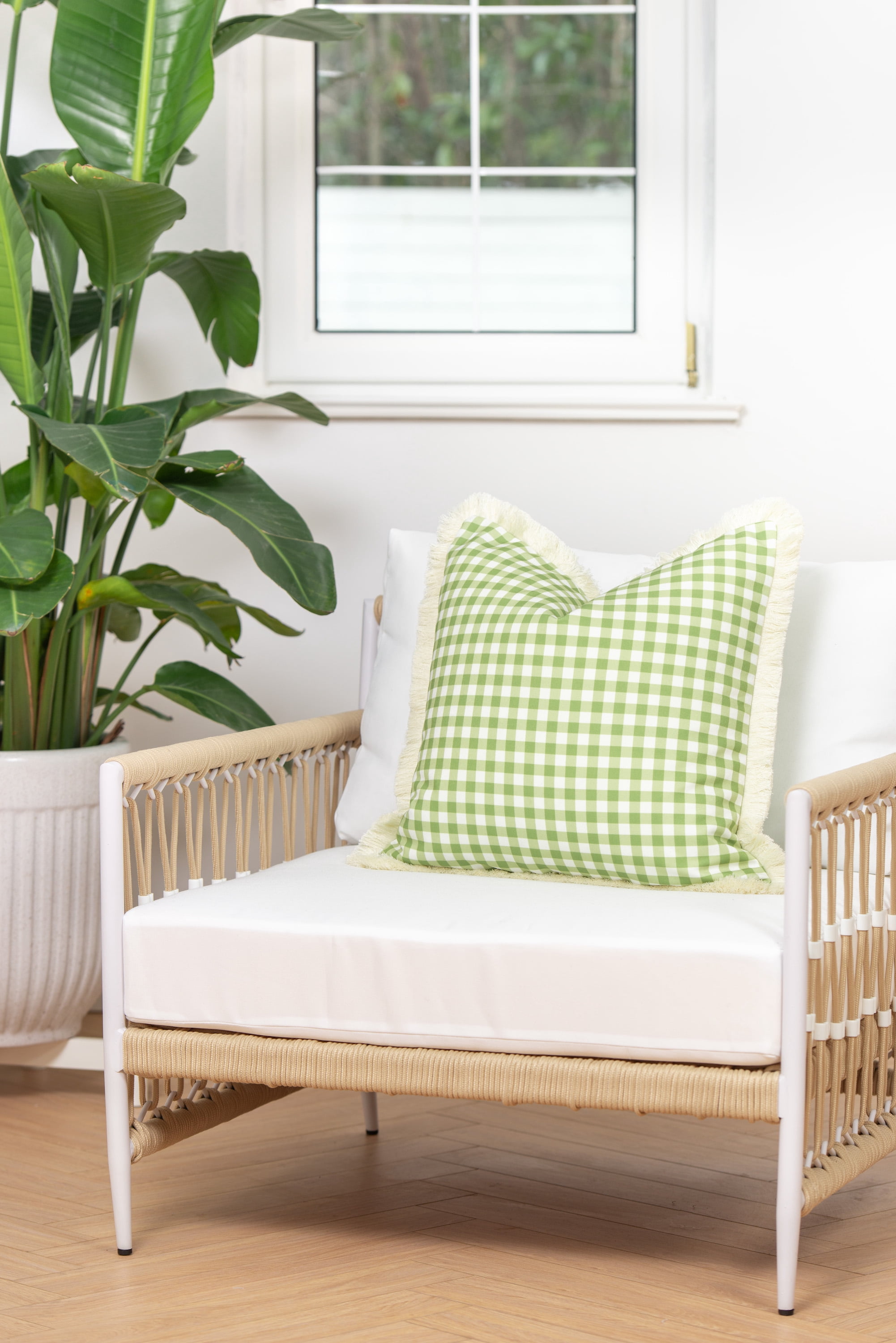 Hofdeco Premium Coastal Patio Indoor Outdoor Pillow Cover Only, 20"x20" Water Resistant for Backyard, Couch, Green Gingham Fringe