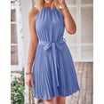 thumbnail image 3 of Women 2023 Summer Casual Halter Neck A-Line Dress Sleeveless Belted Swing Pleated Cocktail Party Beach Mini Dresses, 3 of 5