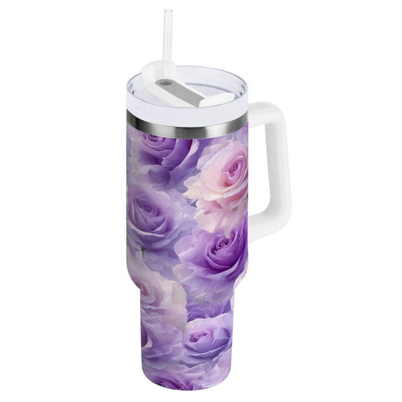 Stainless Steel Tumbler with Straw and Handle, Double Wall Insulated Tumblers, Light Purple Roses Pattern