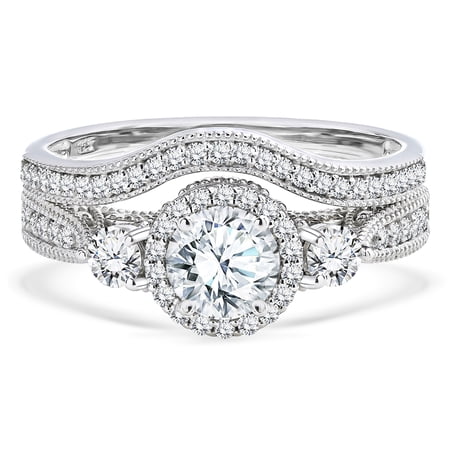 JeenMata Certified 1 Carat Lab Grown Diamond Wedding Ring Set - Round Cut Vintage Accent Bridal Set in White Gold Plating