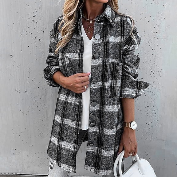 Jacenvly Womens Flannel Jacket Plaid Corduroy Jacket Soft Comfortable Long Sleeve Spring Coats Lapels Pocket Button up Shirts for Women Casual Fashion Thigh Length Tops