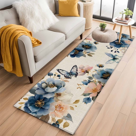 Runner Rug 2'x6', Vintage Blue Floral Washable Non-Slip Hallway Runner Rugs, Butterflies Watercolor Flower Linen Bedside Rugs Floor Mats Carpet Runners for Kitchen Bathroom Laundry Room