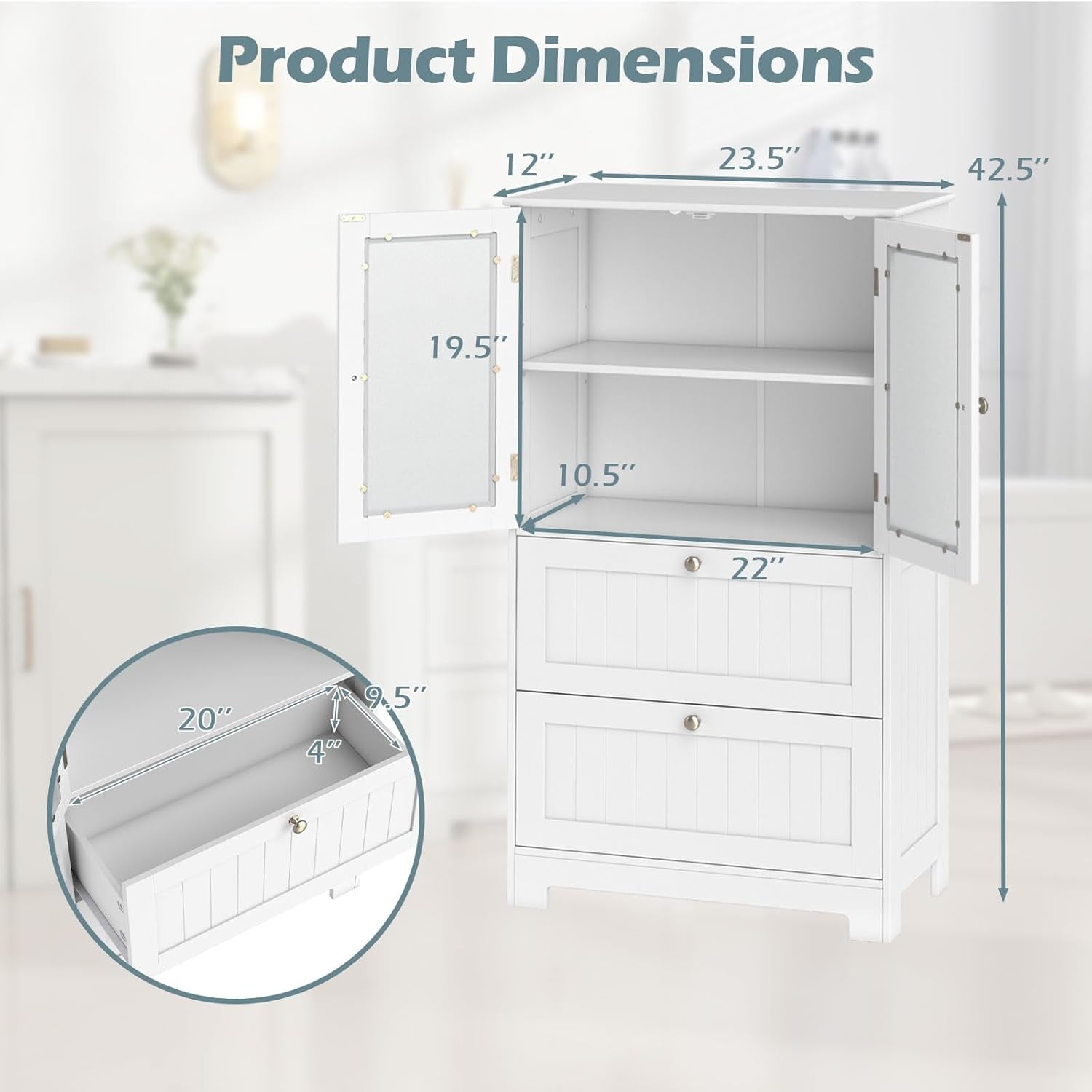 Favory Bathroom Storage Cabinet w/2 Large Drawers, Tall Pantry Cabinet w/Adjustable Inner Shelf, Frosted Tempered Glass Doors, Freestanding Floor Cabinet for Living Room, Kitchen, Dining Room