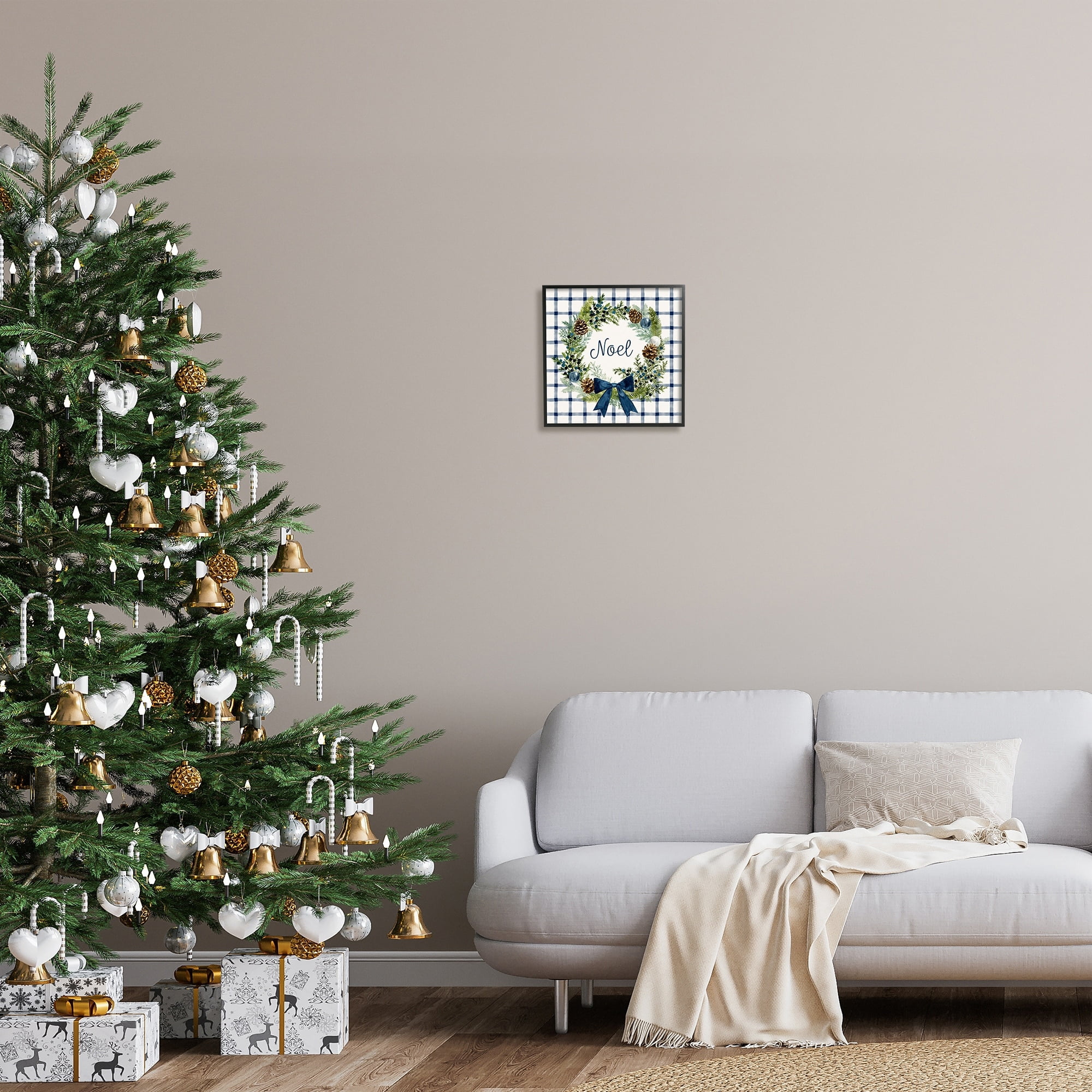 Stupell Industries Winter Noel Sentiment Pinecone Wreath Blue Plaid Graphic Art Gray Framed Art Print Wall Art, 12x12, by Victoria Barnes