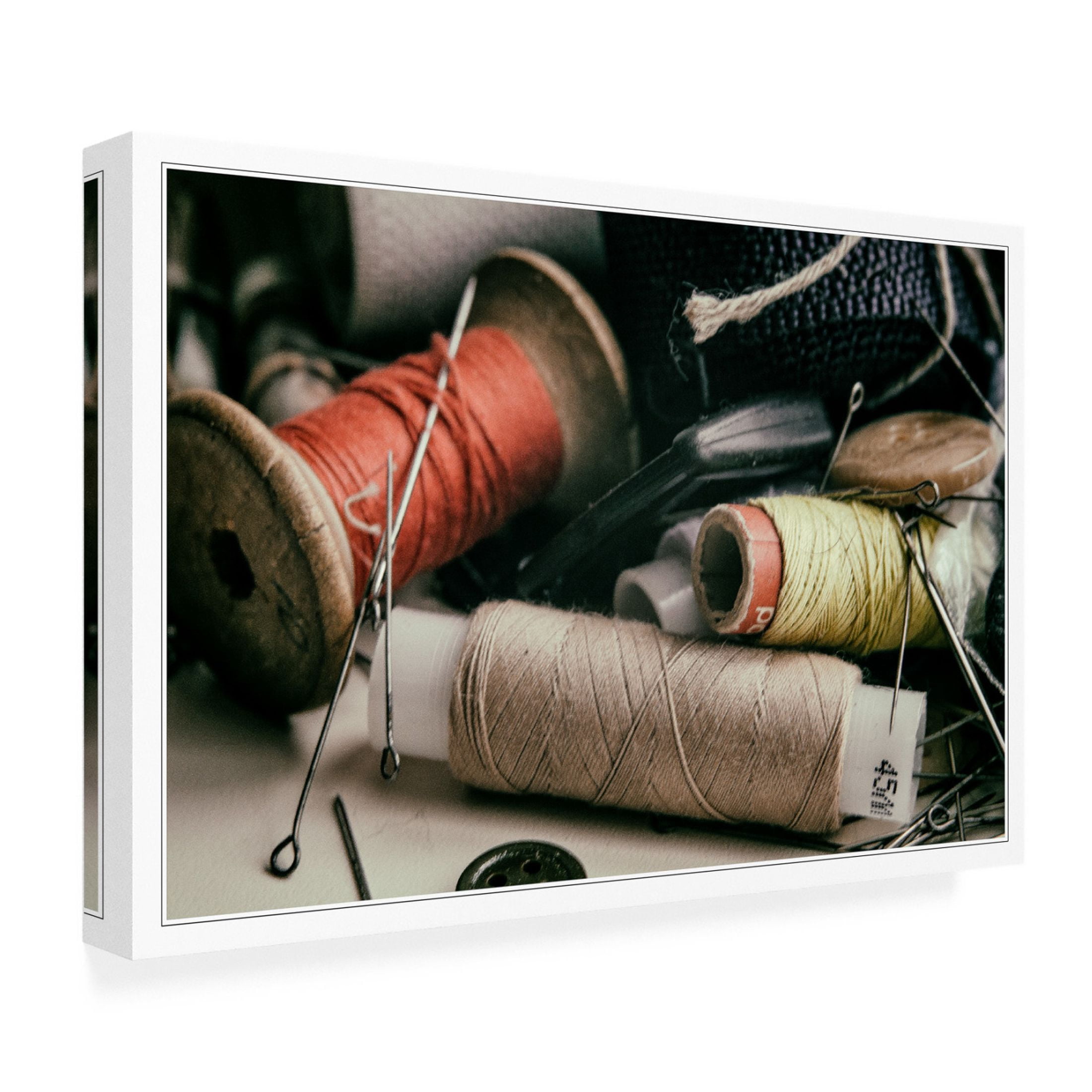 Canvas Wall Art - Yury A Melnikov 'Thread And Sewing Pins 1' Wall Art for Living Room, Bedroom, or Office Décor by Trademark Fine Art - 19 x 12 Inches