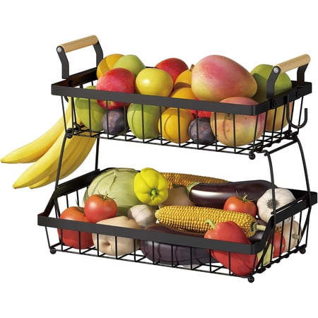 WERSEON 2 Tier Fruit Basket Bowl Farmhouse With Side Hooks For Kitchen Countertop, Detachable Metal Bread Fruit Vegetable Storage Basket Stand Holder With Wooden Handle, Black