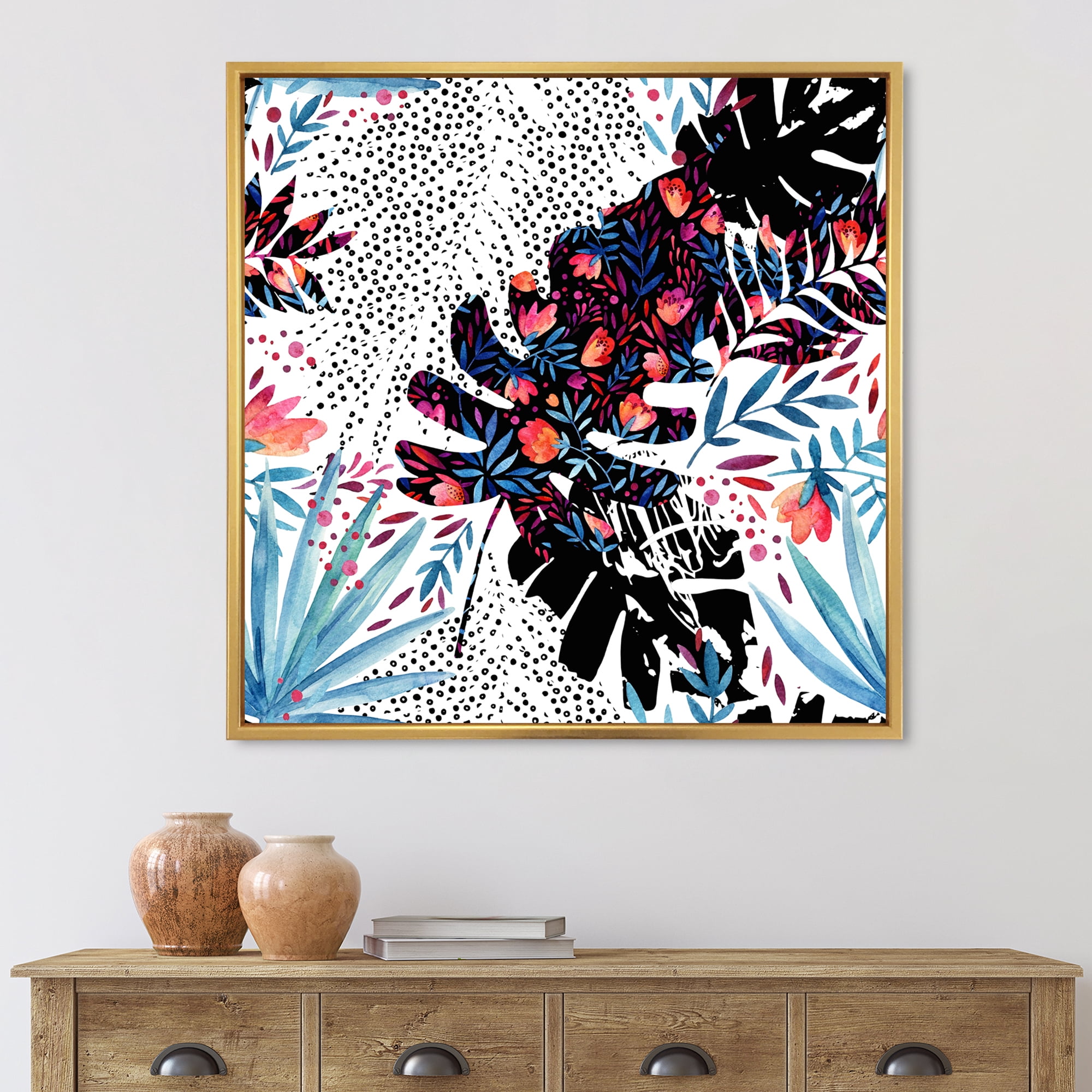 Abstract Tropical Floral Patchwork I 16 in x 16 in Framed Painting Canvas Art Print, by Designart