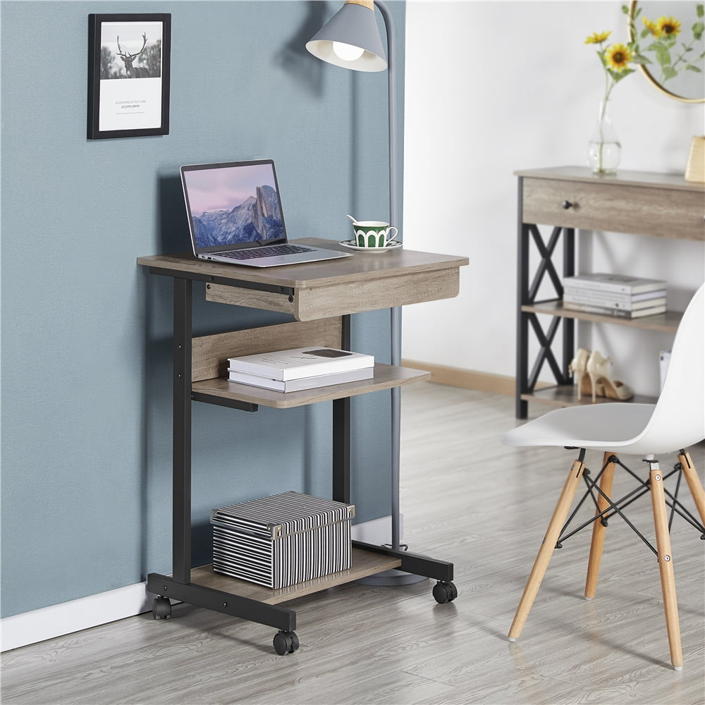 Alden Design Rolling Computer Desk with 2 Storage Shelves, Rustic Gray