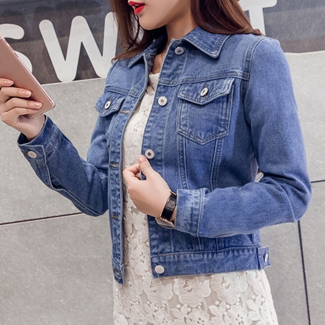 Meichang Cropped Jean Jacket Women Button Long Sleeve Lapel Washed Denim Jacket Basic Solid Loose Fit Fall Trucker Coat with Pockets Blue S