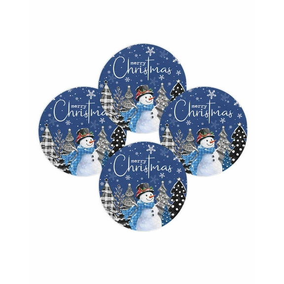 Christmas Round Placemats Set of 4 Snowman Place Mats Washable Woven Placemat Buffalo Plaid Pine Tree Blue Circle Braided Table Mat for Kitchen Dining Table Party Home Decor 15 Inch