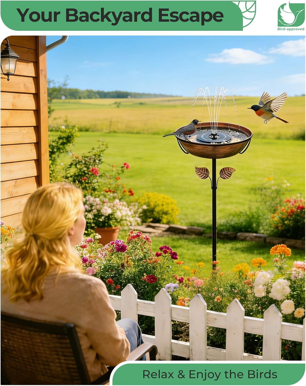 Metal Bird Bath with Solar Fountain - 13" Large Outdoor Birdbath Bowl + 6.3" Solar Pump with Battery & LED Lights | 1.4 Gallon Garden Bird Bath for Yard, Lawn, Patio, Flowing Water Feature