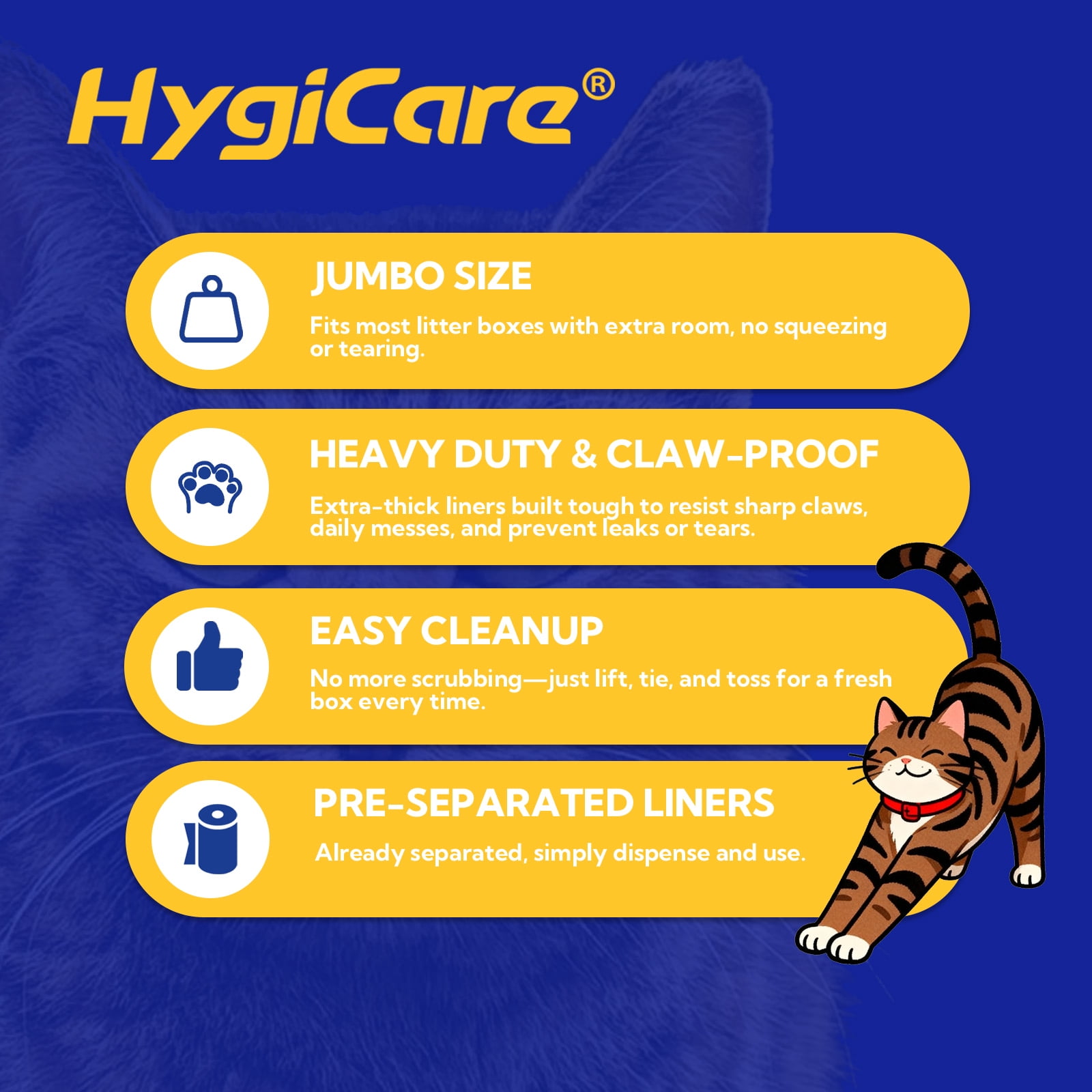 HygiCare Cat Litter Box Liners, 40ct, Jumbo Size, 36"x18", Heavy Duty, Tear Resistant, Claw-Proof