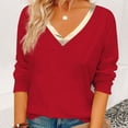 thumbnail image 7 of WHLBF Tops for Women Long Sleeve Fall Winter Classic Solid Color Gold V-neck Pullover T-shirt Red M, 7 of 7
