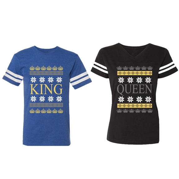 Christmas King Queen Matching Couple Cotton Jerseys (Men Royal / Women Black) (Men S / Women S)