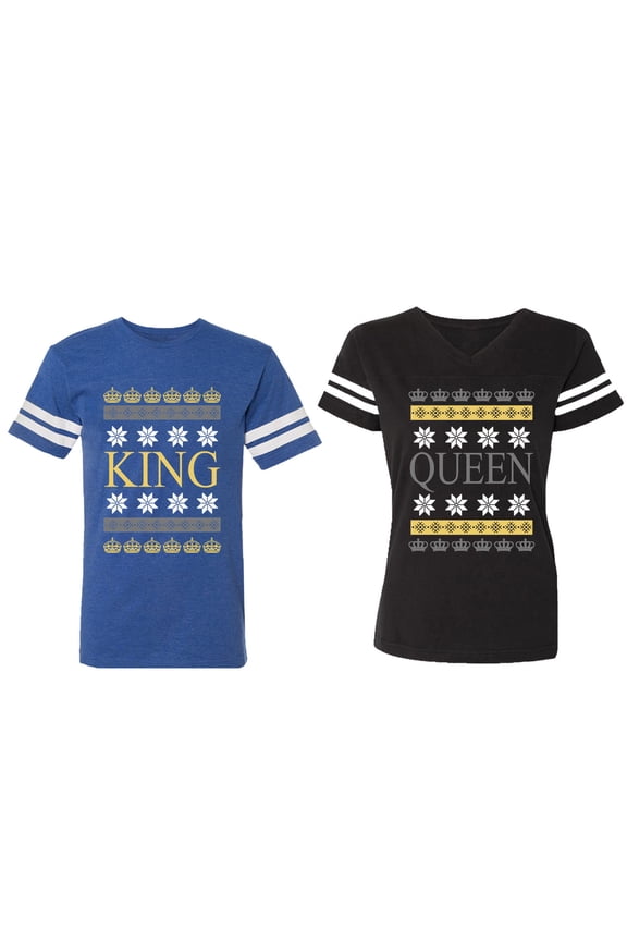 Christmas King Queen Matching Couple Cotton Jerseys (Men Royal / Women Black) (Men XL / Women XL)