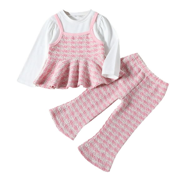 Girls Outfits Flared Sleeves Long Sleeved Striped Print 2 Piece Top Pullover Flared Trousers Toddler Girls Clothes Red 3 Y-4 Y