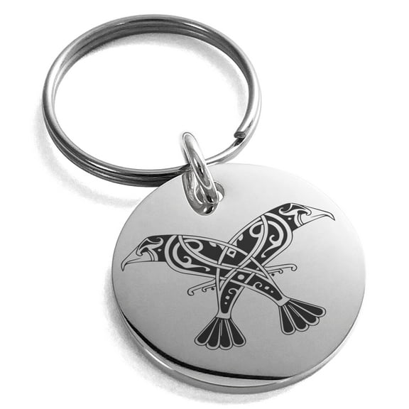 Tioneer Stainless Steel Huginn & Muninn Odin's Engraved Medallion Circle Charm Celtic Keychain