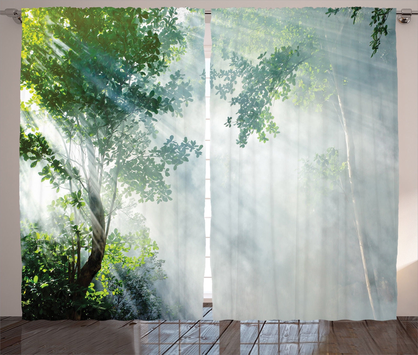 Rainforest Decorations Curtains 2 Panels Set Sunbeam Between Shadows Of Trees Idyllic Scenery Of Solitude In Jungle Theme Living Room Bedroom