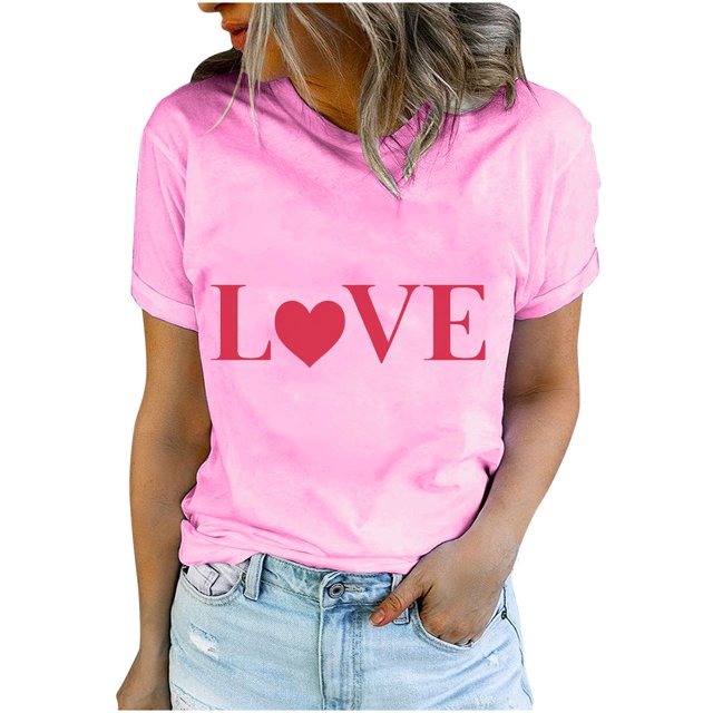 Diufon Hauts de la Saint-Valentin pour Femmes Décontracté Tendance Manches Courtes Col Rond Chemisier Imprimé Graphique Mignon