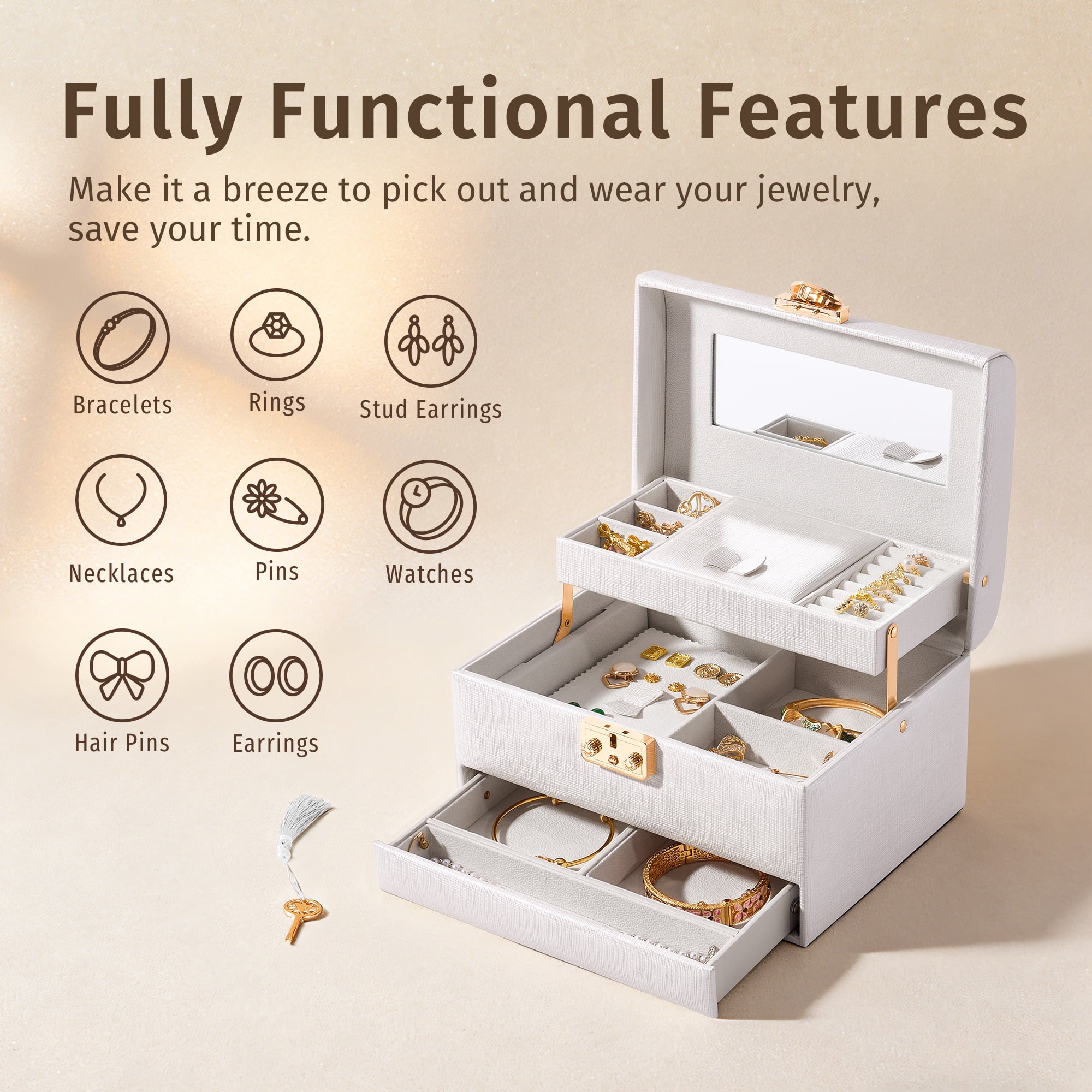 Casegrace Heart Shaped Lock Jewelry Box With Sync Open/Close Drawer, Multi-Layer Storage Case, Built-in Mirror, Portable Jewelry Organizer for Women Rings, Earrings, Necklaces, Valentine’s Day Gift