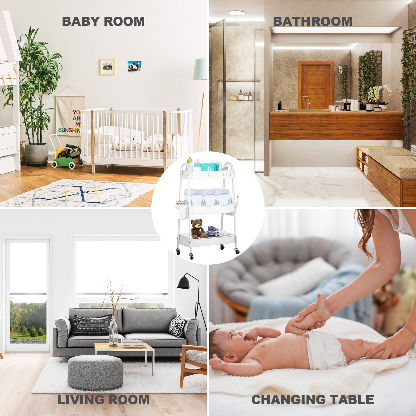 FOOK FISH Baby Diaper Cart 3-Tier Rolling Storage, White photo 3