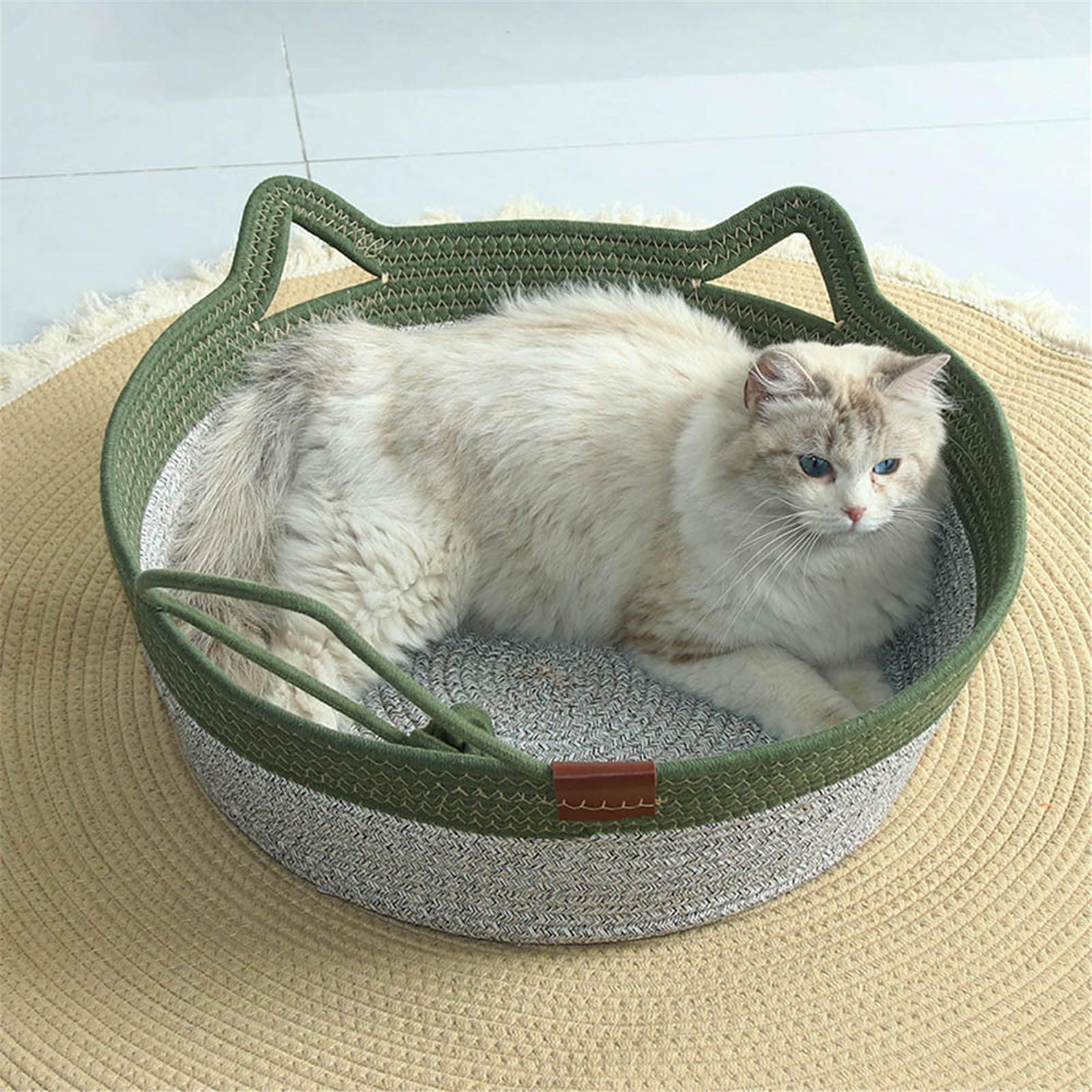 Woven Cat Bed, Woven Rope Cat Bed with Cat Ears, All Season Breathable Pet Bed for Cats Small Dogs, Washable Round Basket Style Cat House, Grey