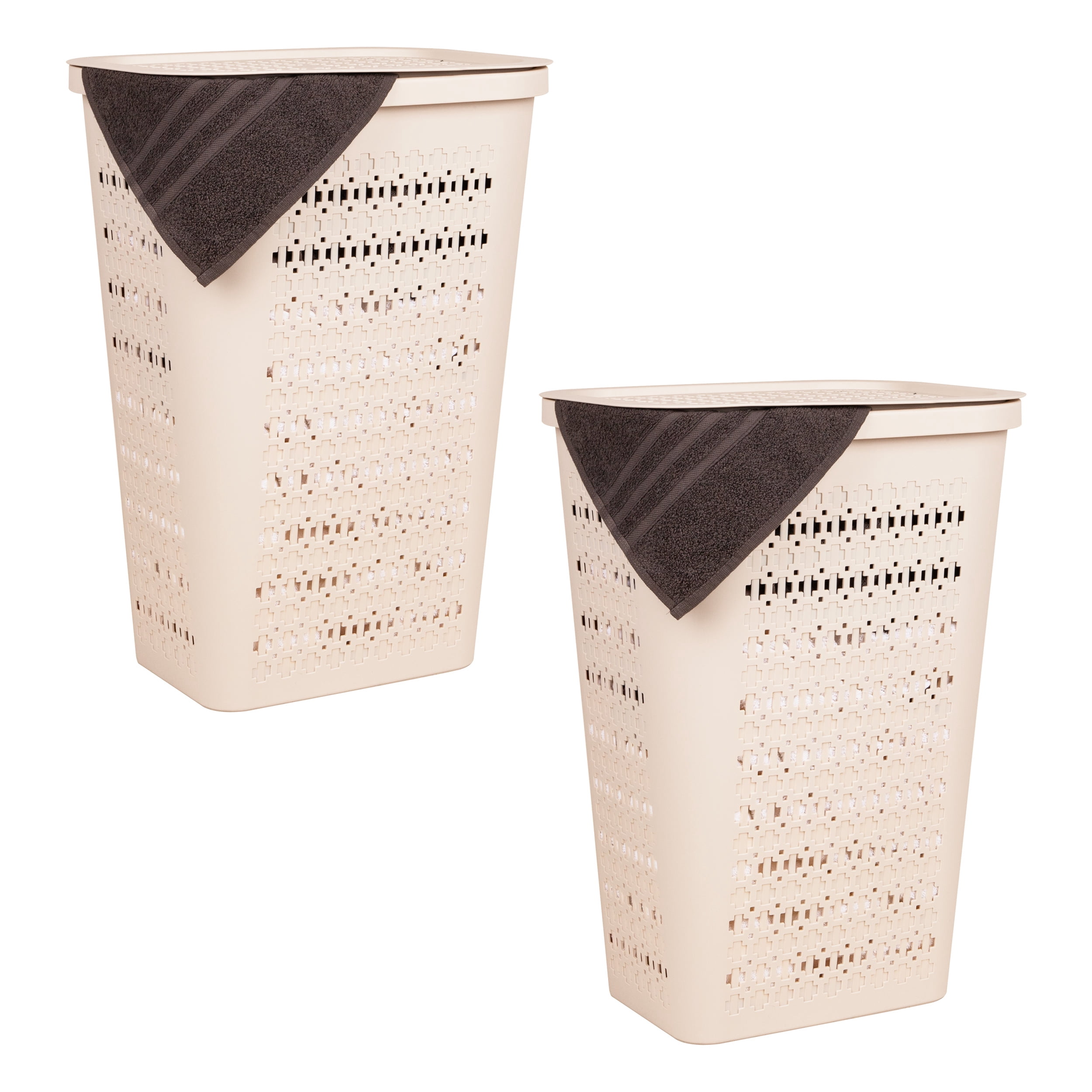 Mind Reader Slim Swiss Cross Cut-Outs Tapered Laundry Hampers with Lid, Plastic, Set of 2, Ivory