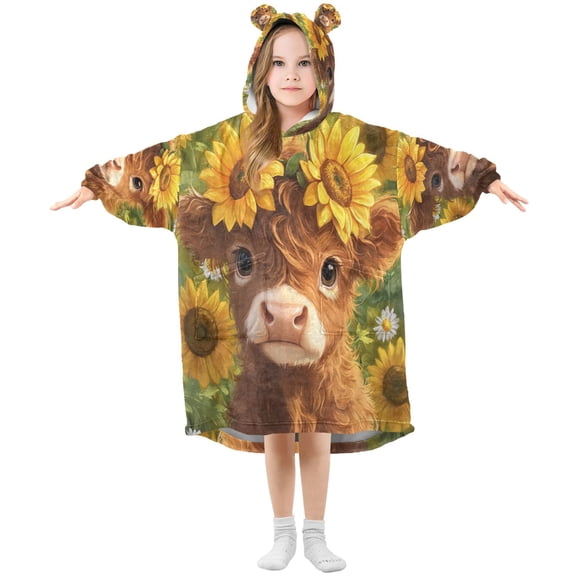Wearable Blanket with Sleeves and Pocket Oversized Hooded Sweatshirt 3-14 YR Cute Highland Cow S