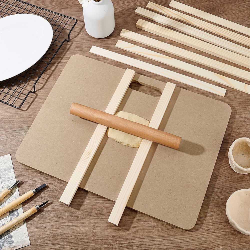 12pcs Pottery Tools Kit Include 1pcs Clay Wedging Board 1pcs Wood Rolling Pin for Clay 10pcs 5 Sizes Pottery Teaching Rolling Mud Stick Guide