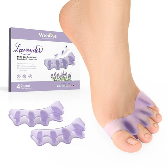 Welnove Toe Separators Spacers for Women - Toe Spacers with Lavender Extract, Toe Straightener for Women Men -Bunion Corrector Toe Stretcher for Yoga Practice - Lavender, 4 Pack
