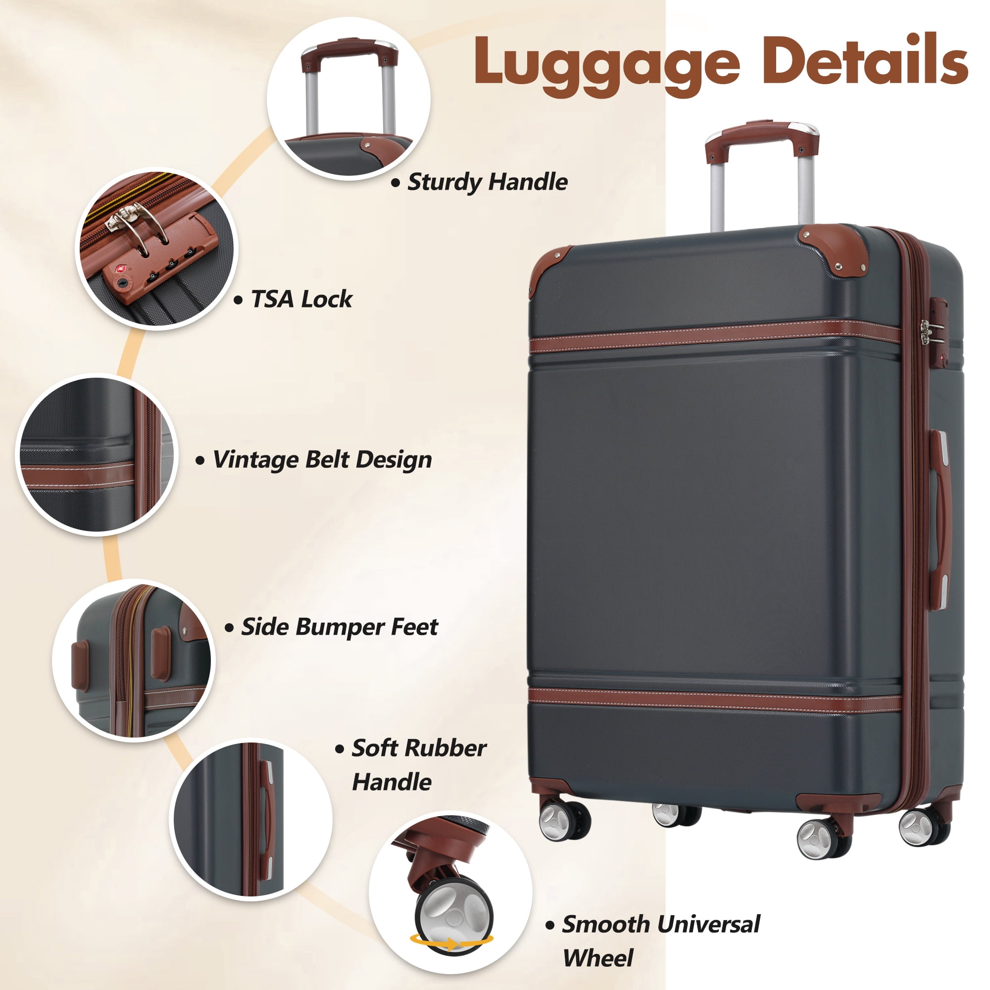 EUROCO 3-Piece Luggage Sets, 24" Medium Checked Luggage with TSA Lock and Spinner Wheels,Expandable Hardside Lightweight Suitcase for Men Women,Black