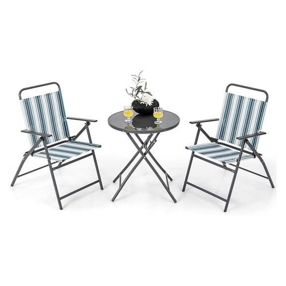 3 Pcs Patio Bistro Set, Folding Table and Chairs Set, Metal Outdoor Dining Set with 2 Chairs, Glass Round Side Table, Conversation Furniture Set for Yard Porch Deck Backyard