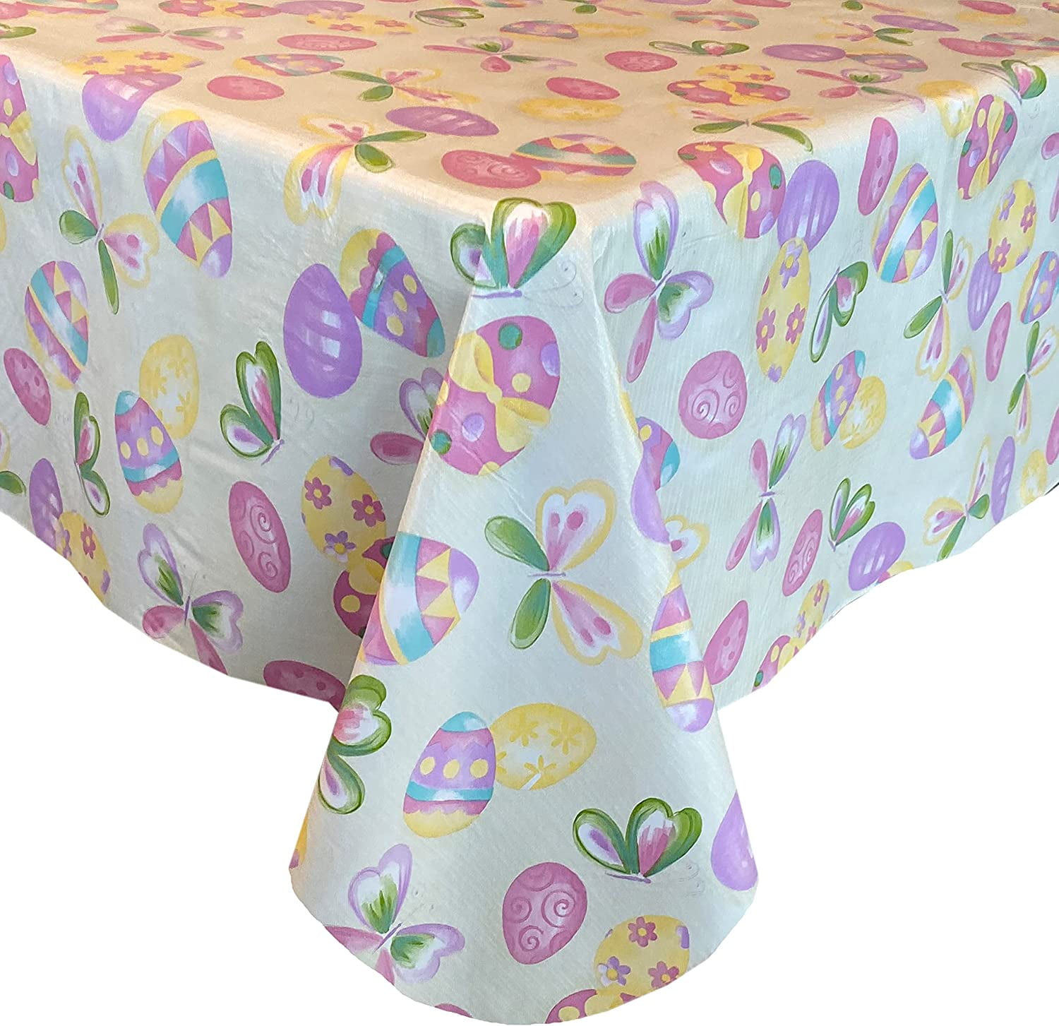 Happy Easter Lace Butterflies Flowers and Easter Eggs Vinyl Flannel Back Tablecloth Pink, 52 x 70 Oblong